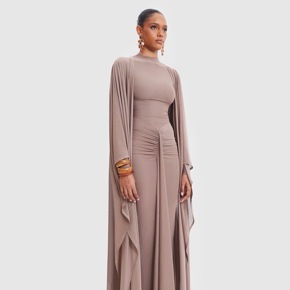 Long Sleeve Taupe Maxi Dress with Draped Cape